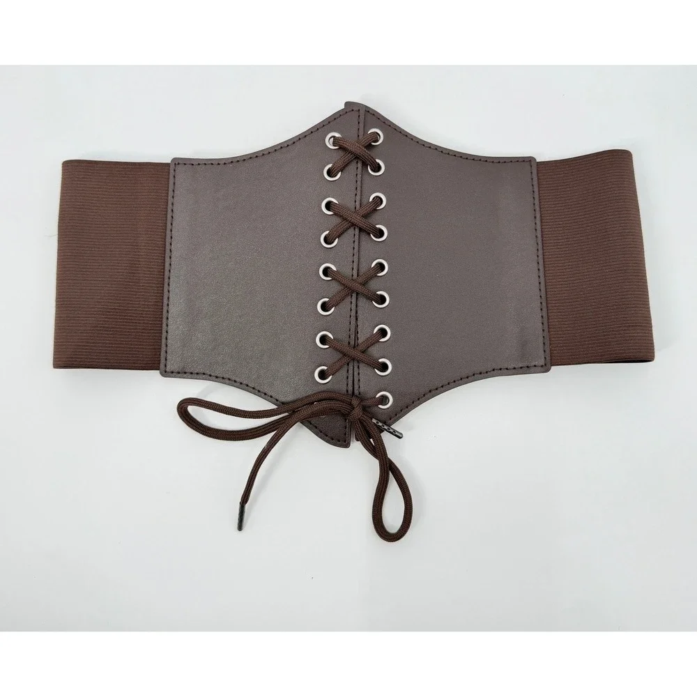 Unbranded Corset Belt Women OS Brown Lace Up Elastic Cinch Waist Faux Leather